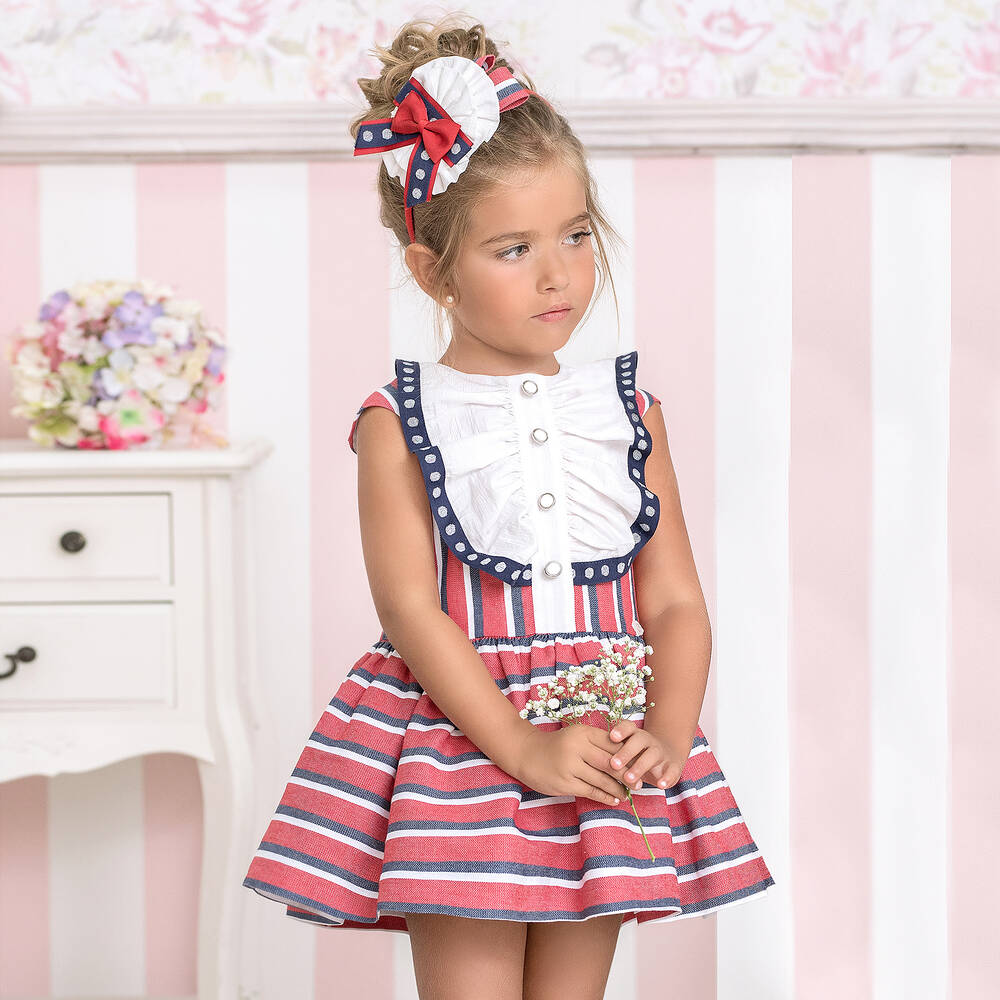 ميراندا-فستان قطن وكتان لون أحمر وأبيض وأزرق مخطط | Childrensalon Outlet