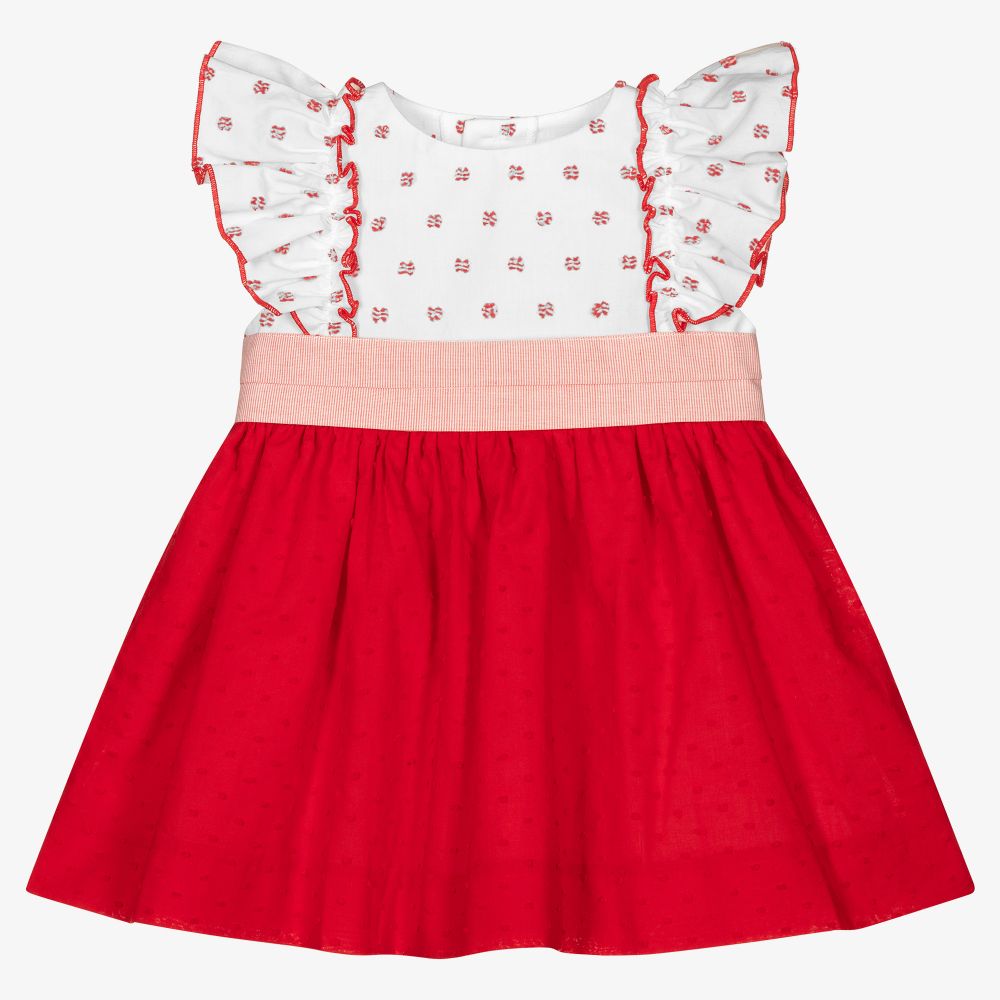 Miranda - Бело-красное платье из хлопка плюмети | Childrensalon