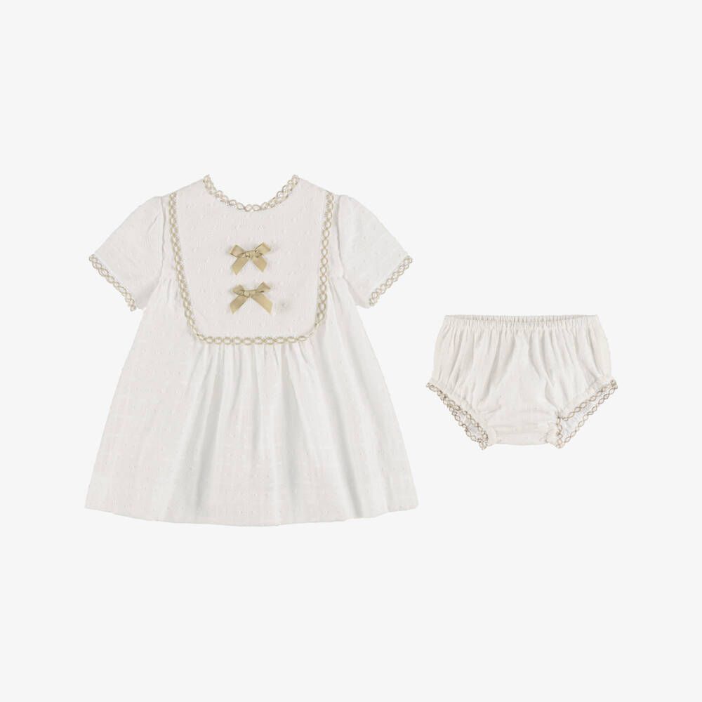 Miranda-White & Beige Cotton Dress | Childrensalon Outlet