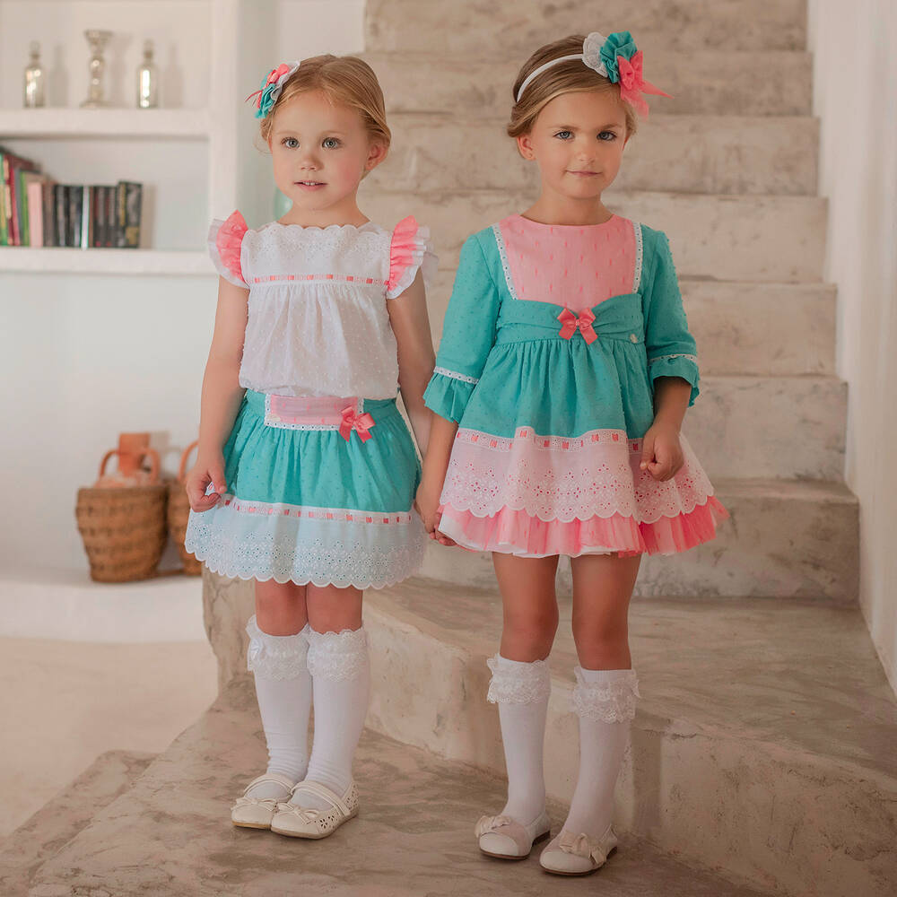 Miranda-Белый топ и голубая юбка из хлопка | Childrensalon Outlet