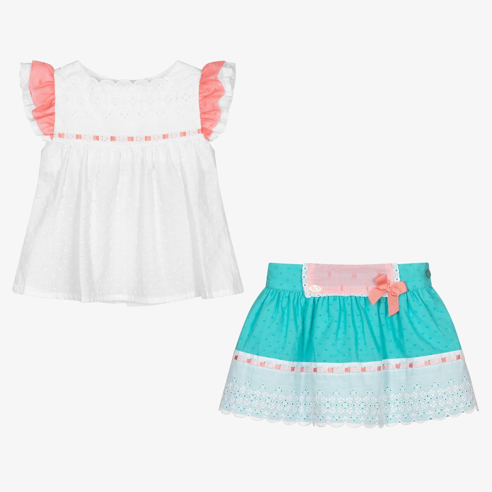 Miranda-Белый топ и голубая юбка из хлопка | Childrensalon Outlet