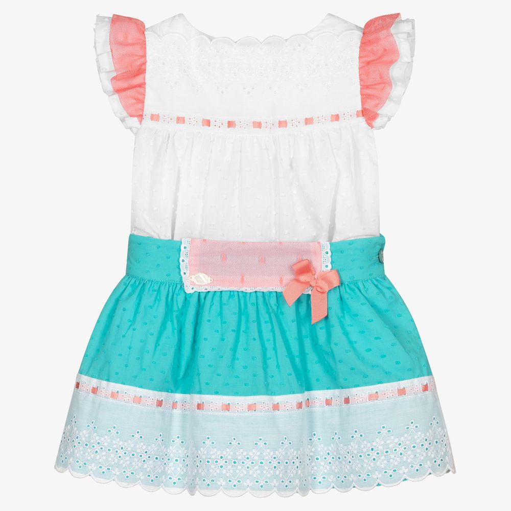 Miranda - White & Blue Cotton Skirt Set | Childrensalon