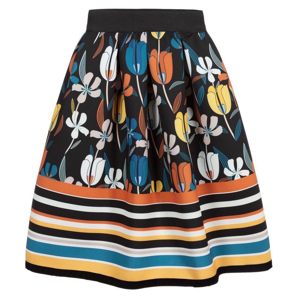 Miss Blumarine - Black Floral Neoprene Skirt | Childrensalon Outlet