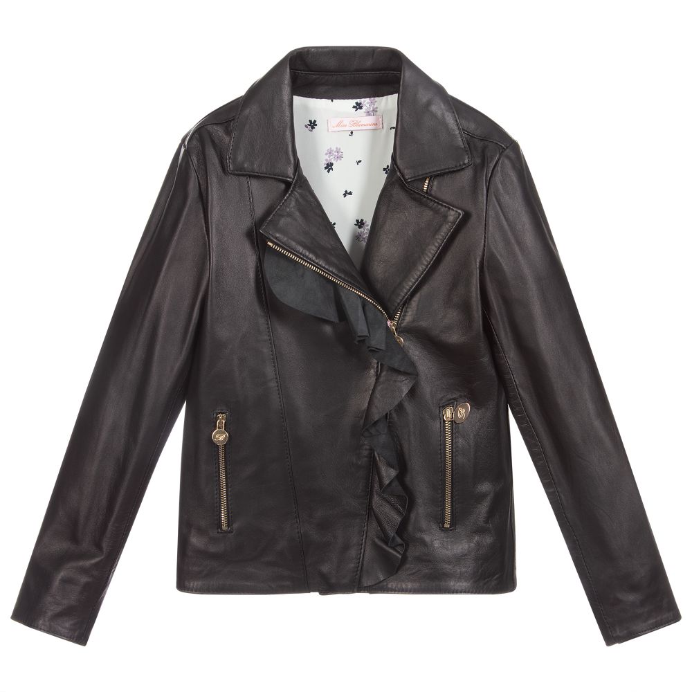 Miss Blumarine - Girls Black Leather Jacket | Childrensalon