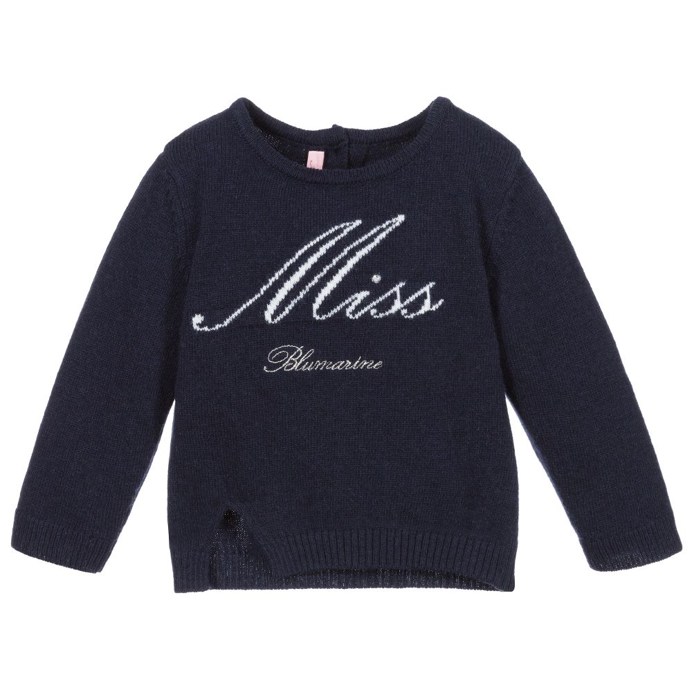 Miss Blumarine - Girls Navy Blue Wool Sweater | Childrensalon