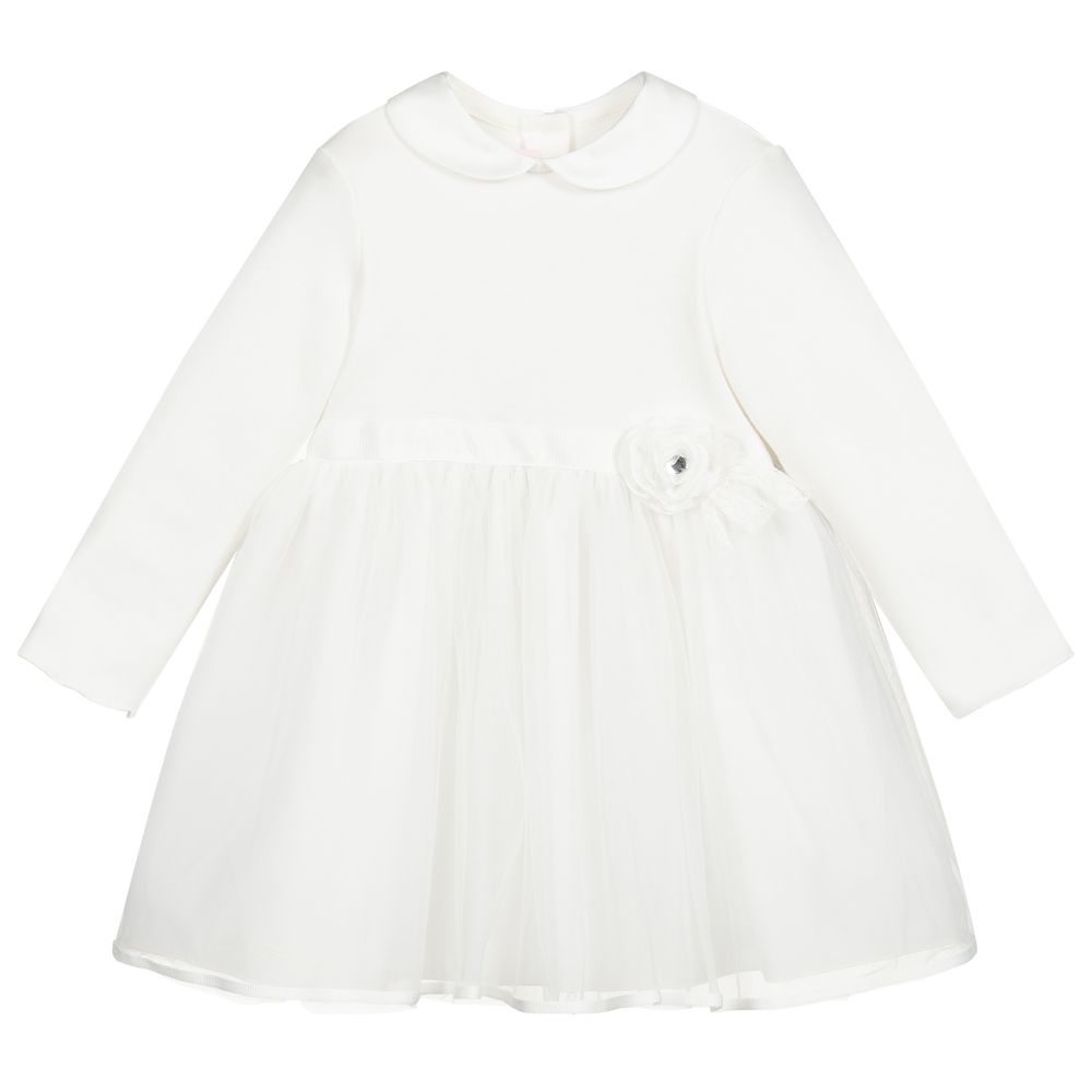 Miss Blumarine-فستان قطن جيرسي وتول لون عاجي للمولودات | Childrensalon Outlet