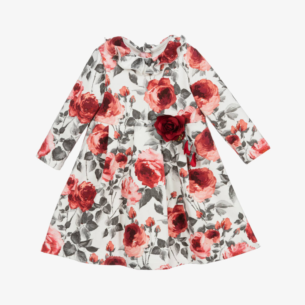 Miss Blumarine-فستان قطن جيرسي لون عاجي، زهري ورمادي للمولودات | Childrensalon Outlet