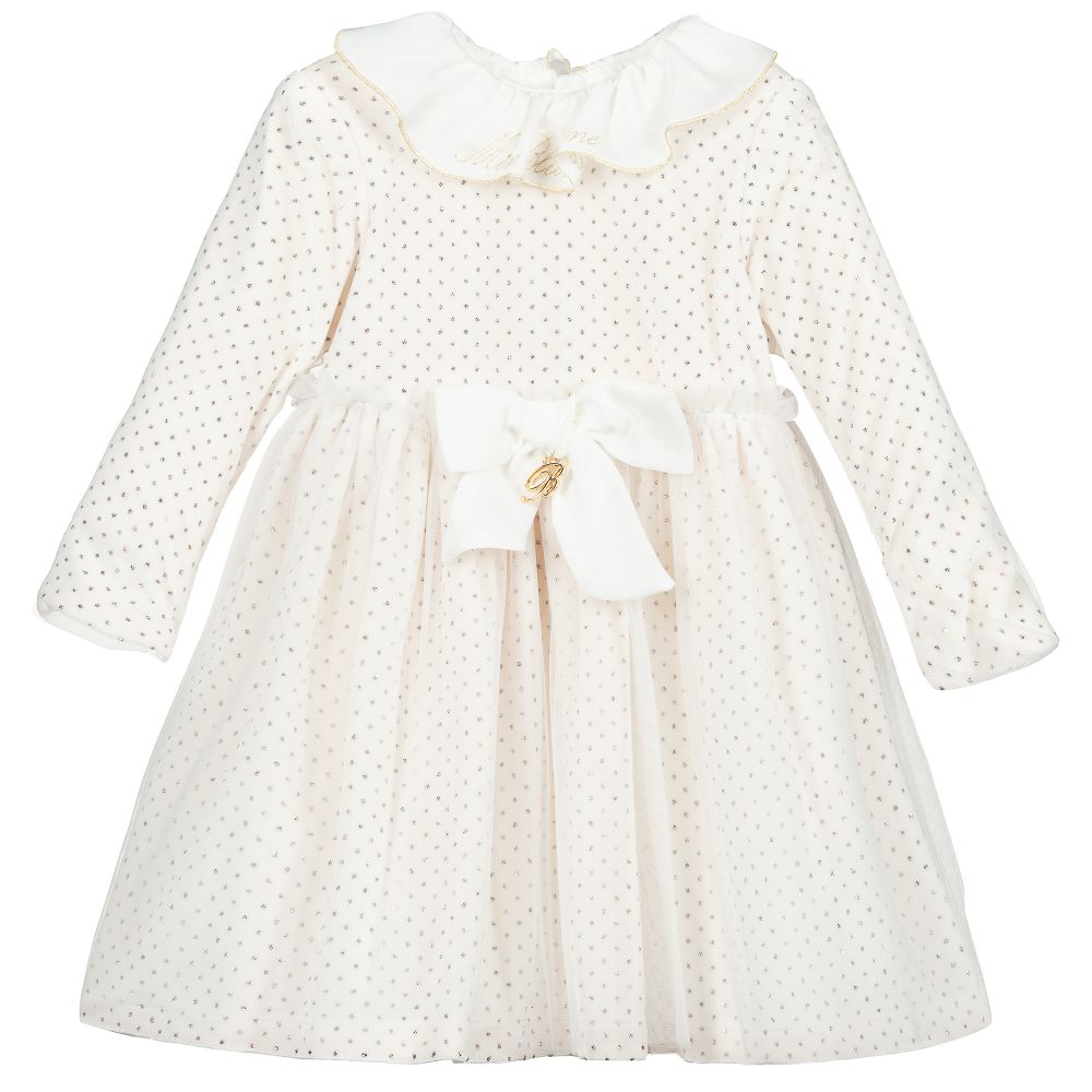 Miss Blumarine - فستان قطيفة وتول لون عاجي وذهبي للمولودات | Childrensalon