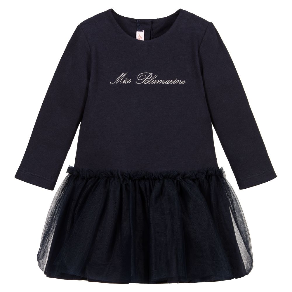 Miss Blumarine - Navy Blue Jersey & Tulle Dress | Childrensalon