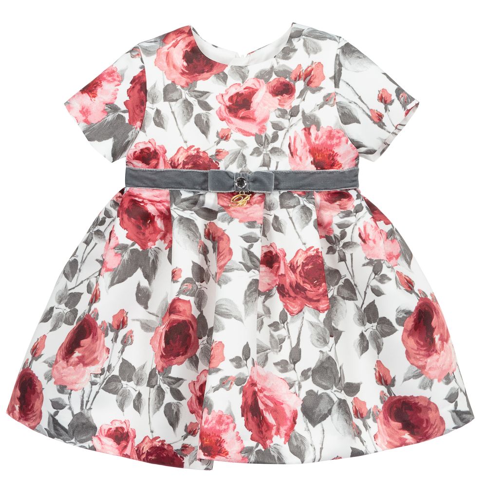 Miss Blumarine-فستان ساتان لون عاجي، زهري ورمادي للمولودات | Childrensalon Outlet