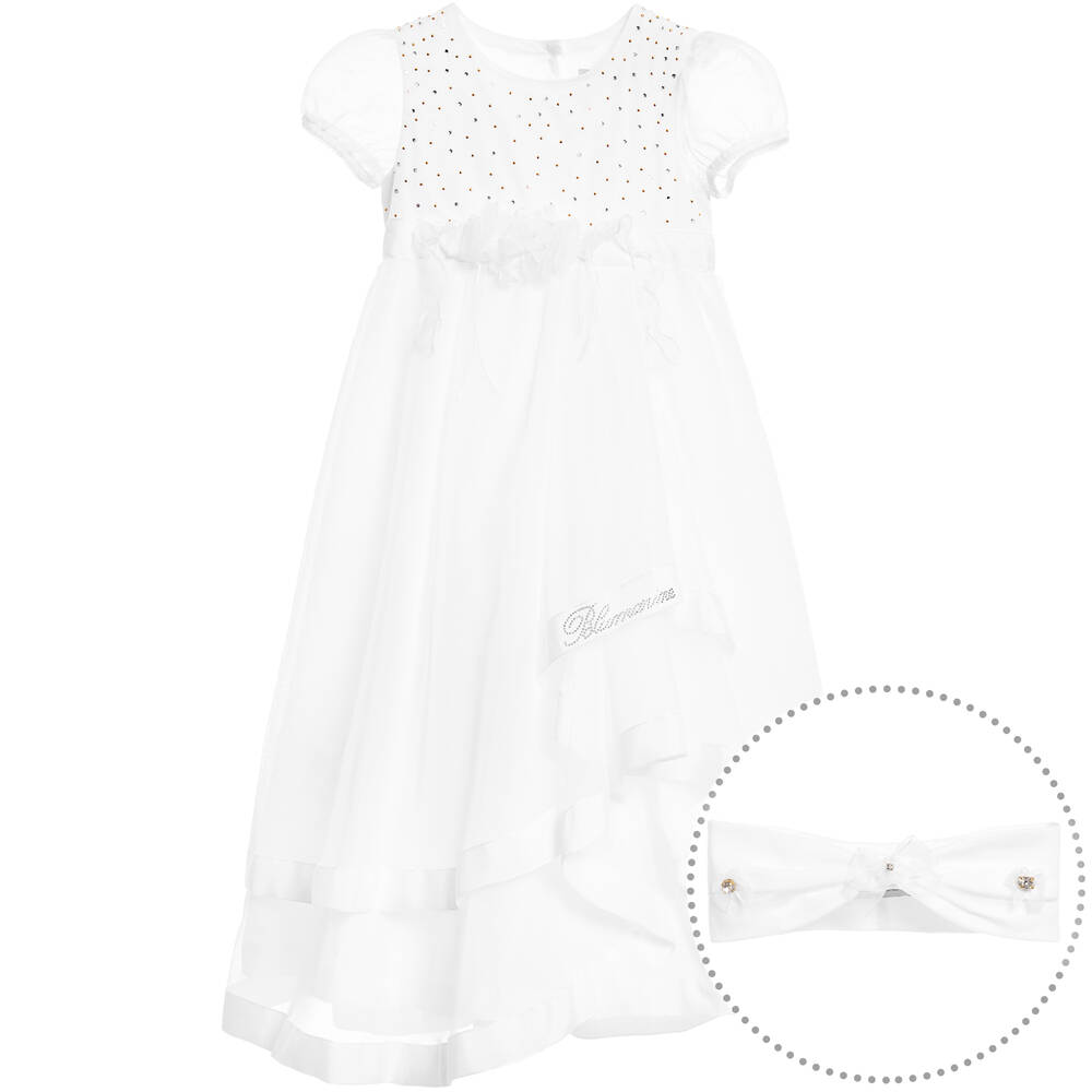 Miss Blumarine-White Ceremony Baby Gown & Headband Set | Childrensalon Outlet