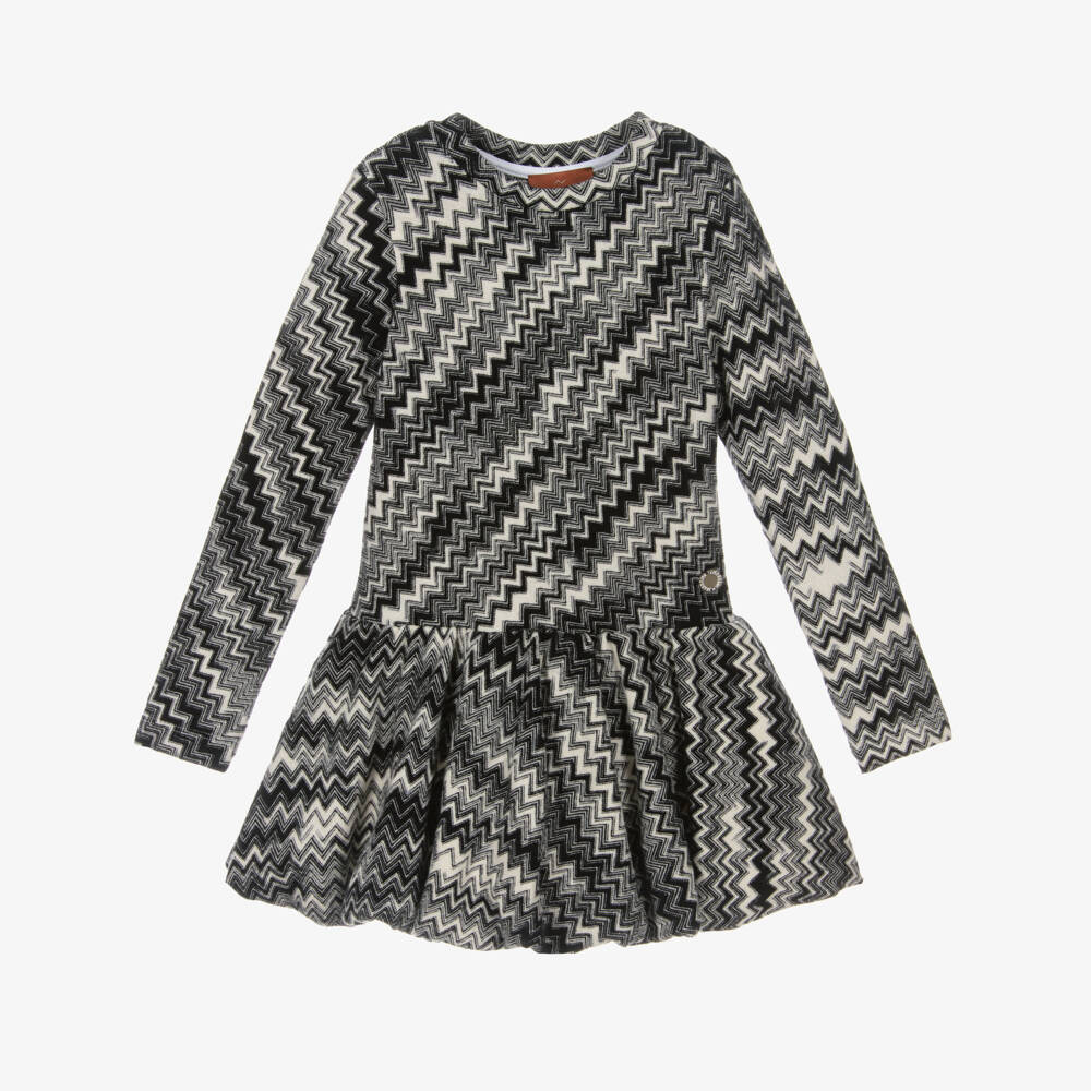 Missoni-Girls Black & White Zigzag Wool Dress with Bubble Hem | Childrensalon Outlet