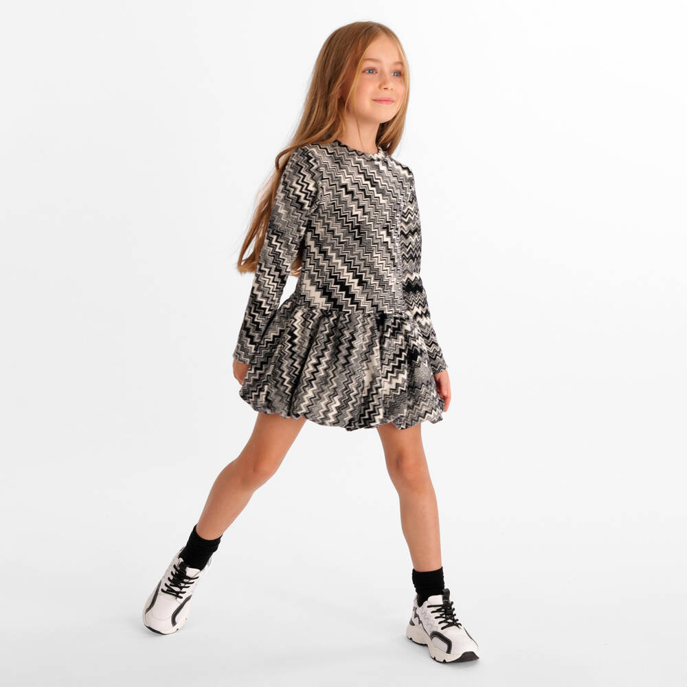 Missoni-Girls Black & White Zigzag Wool Dress with Bubble Hem | Childrensalon Outlet