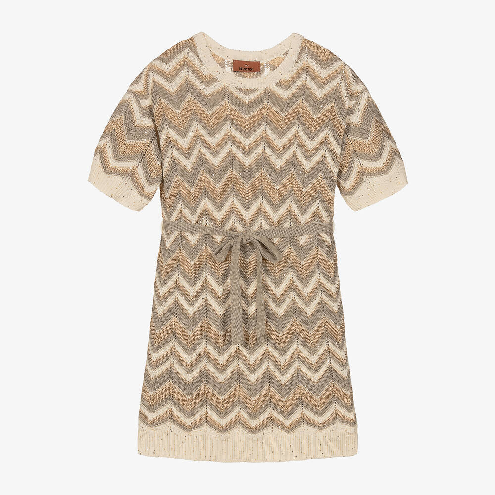 Girls Ivory Gold Knitted Zigzag Dress