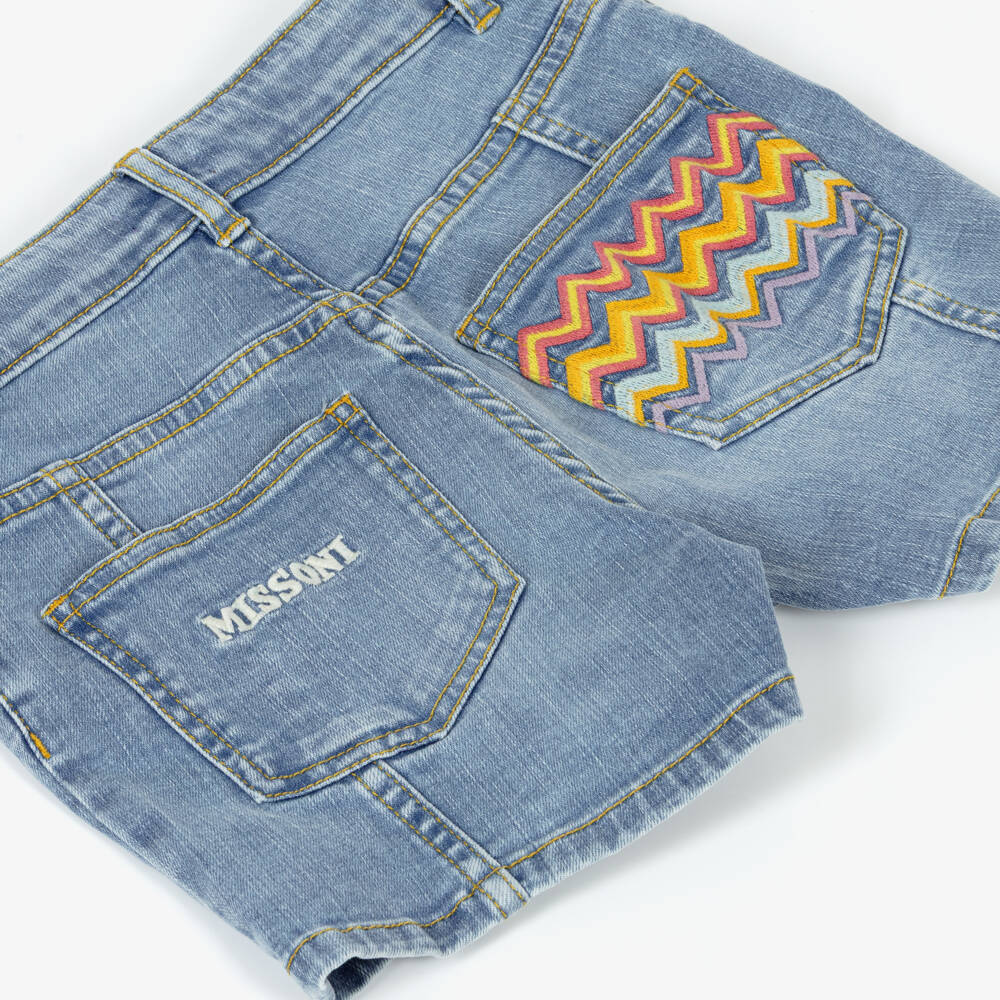 Missoni-Girls Light Blue Denim Shorts with Zigzag Trimmed Pocket | Childrensalon Outlet