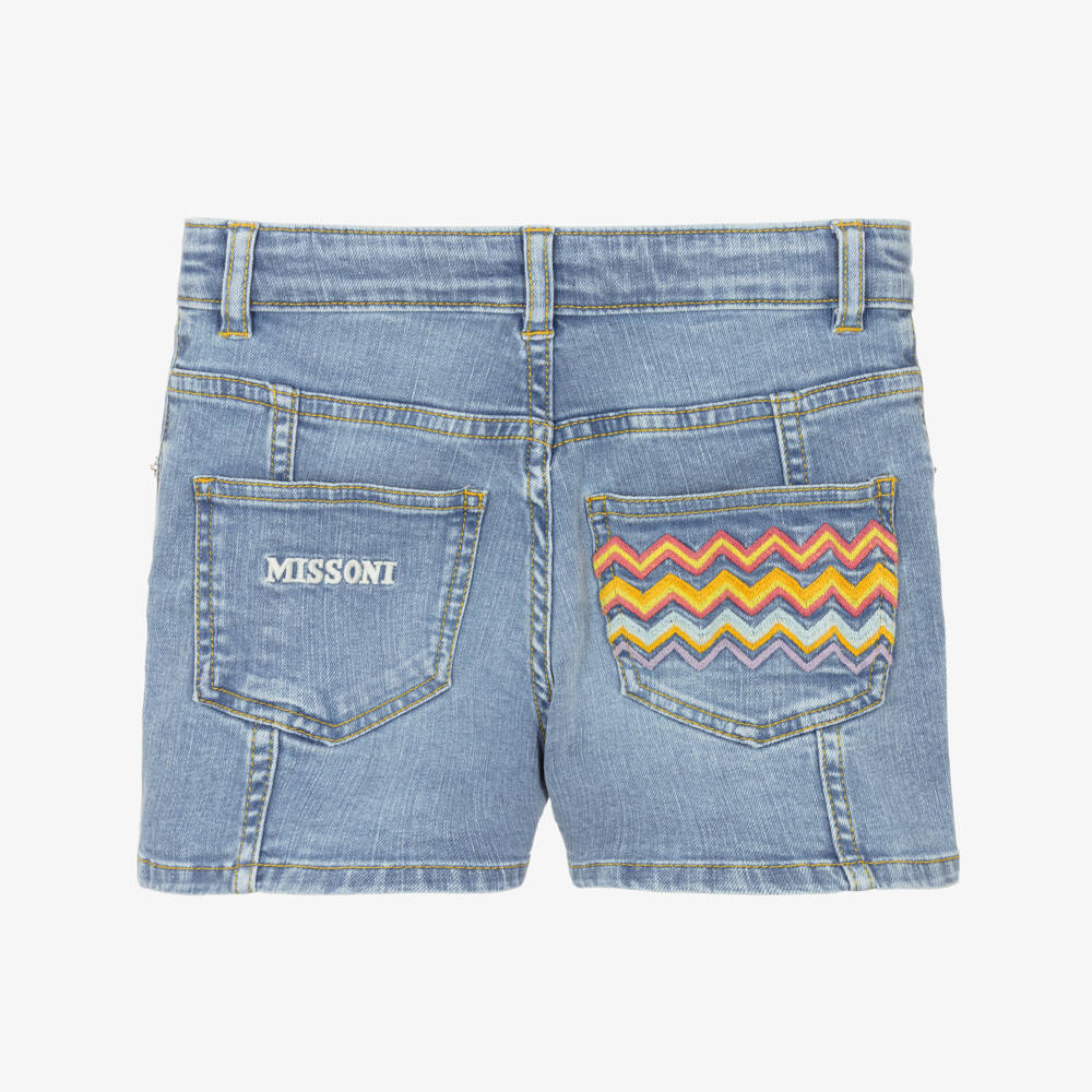 Missoni-Girls Light Blue Denim Shorts with Zigzag Trimmed Pocket | Childrensalon Outlet