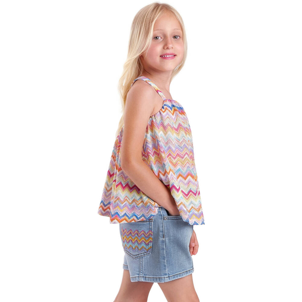 Missoni-Girls Light Blue Denim Shorts with Zigzag Trimmed Pocket | Childrensalon Outlet