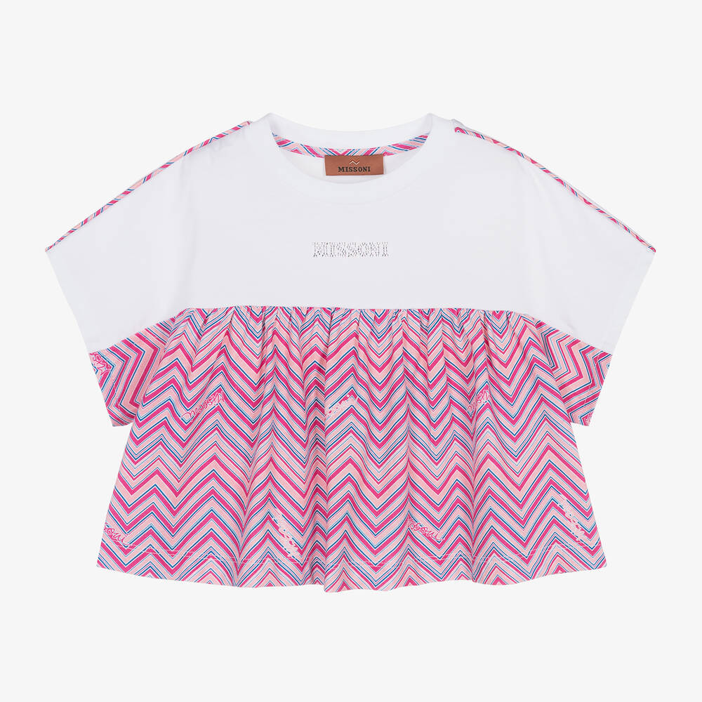 Missoni-Girls Pink & White Cotton Zigzag T-Shirt | Childrensalon Outlet