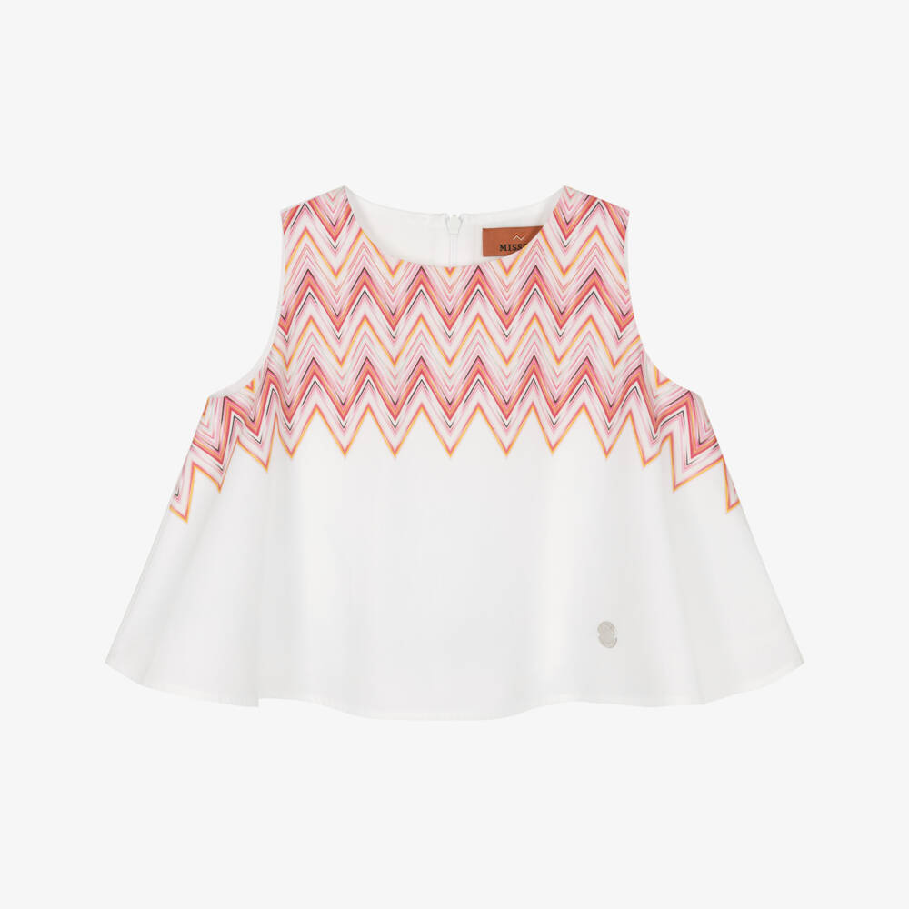 Missoni-Girls White Cotton Blouse with Pink Zigzag Pattern | Childrensalon Outlet