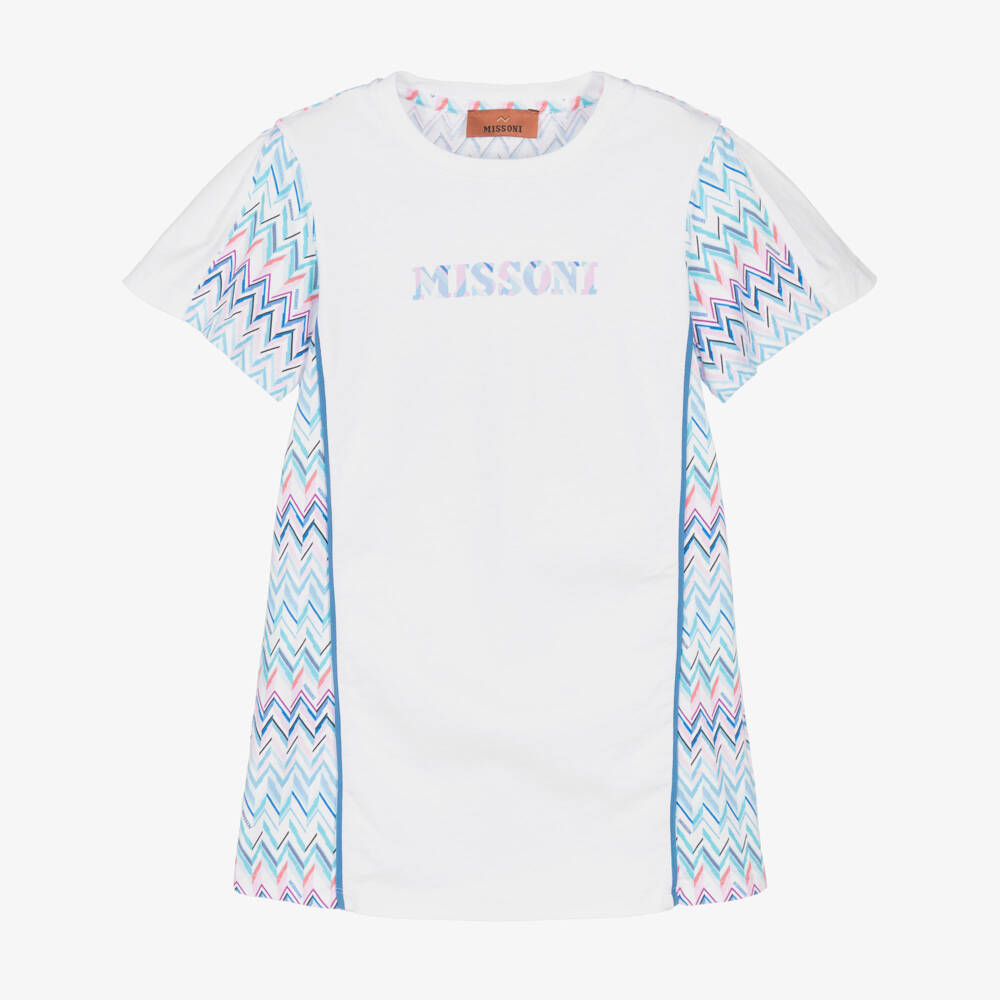 Missoni-Girls White Cotton Jersey Dress with Zigzag Pattern | Childrensalon Outlet