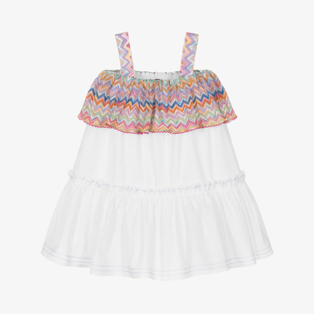 Missoni-Girls White Cotton Sleeveless Dress with Zigzag Ruffle | Childrensalon Outlet