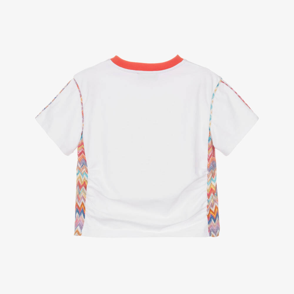 Missoni-Girls White Cotton T-Shirt with Zigzag Trim | Childrensalon Outlet