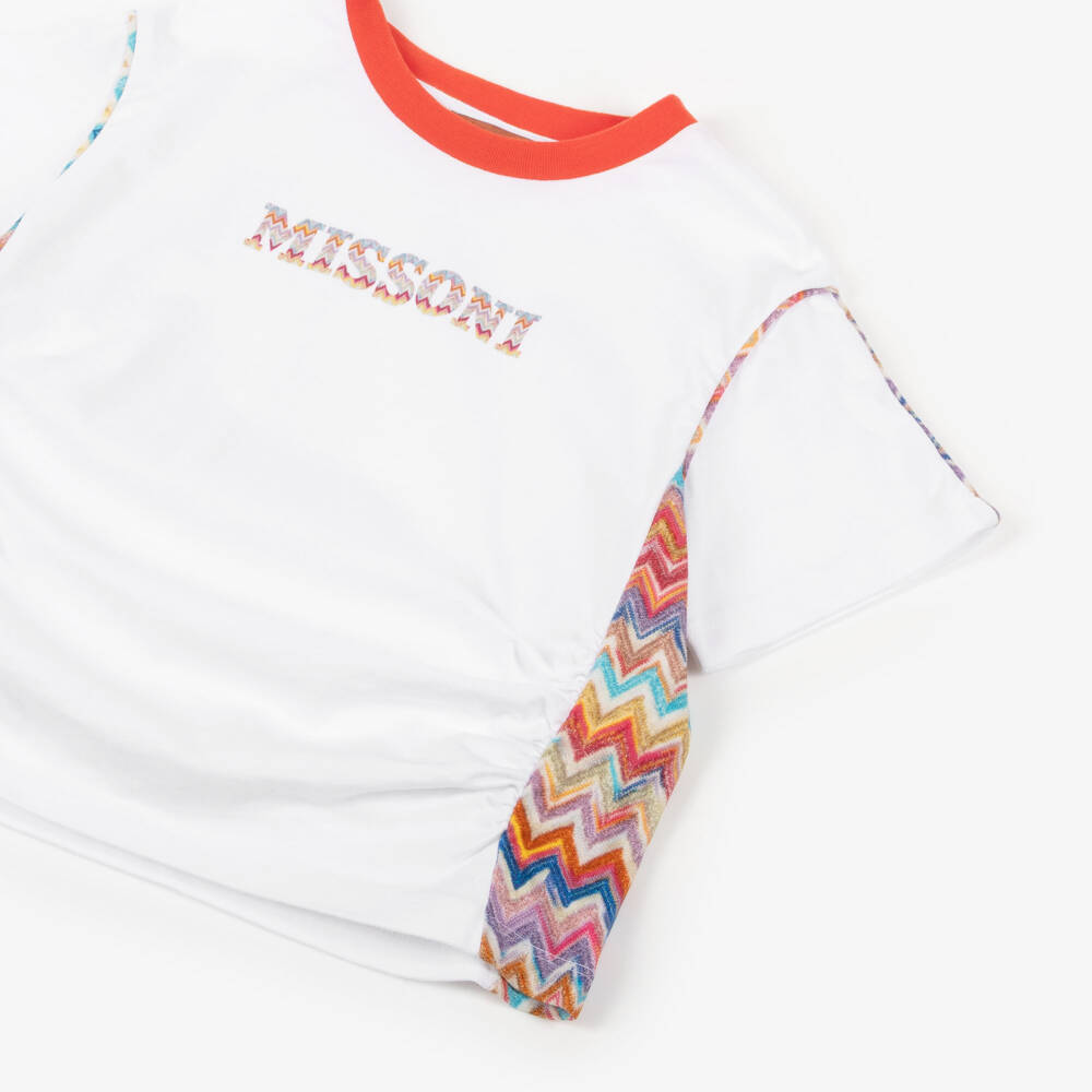 Missoni-Girls White Cotton T-Shirt with Zigzag Trim | Childrensalon Outlet