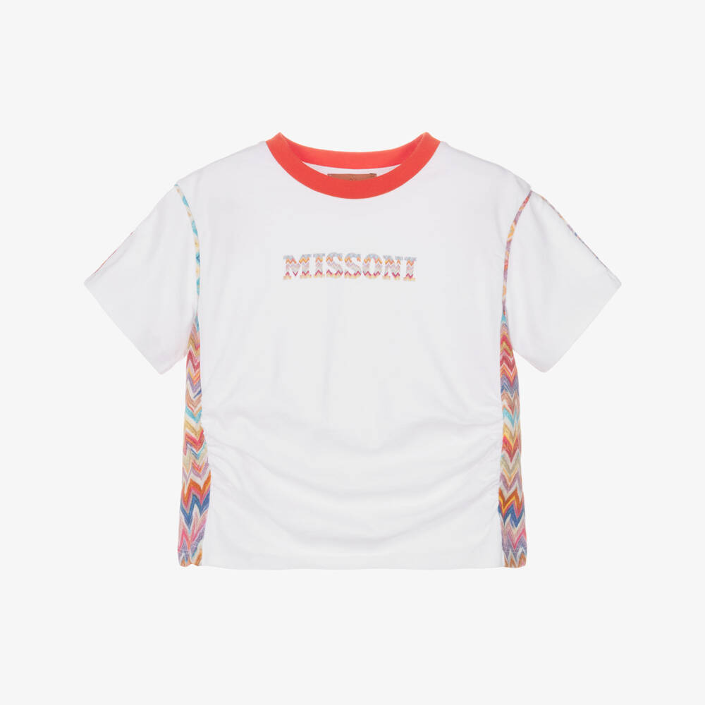 Missoni-Girls White Cotton T-Shirt with Zigzag Trim | Childrensalon Outlet
