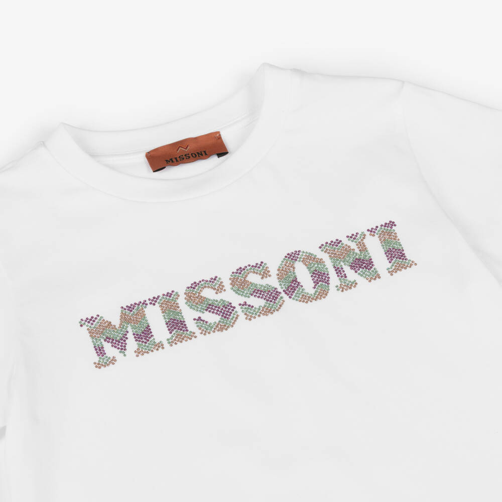 Missoni-Girls White Diamanté Logo Cotton T-Shirt | Childrensalon Outlet