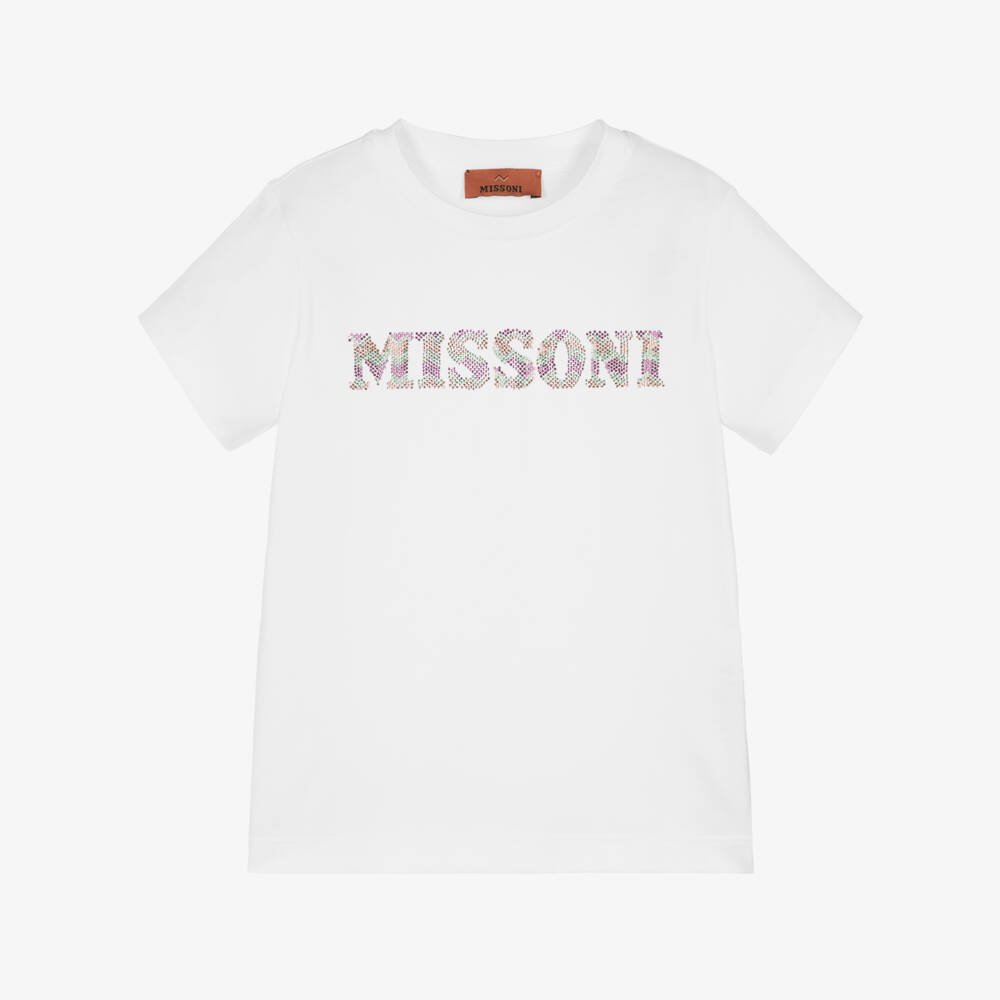 Missoni-تيشيرت قطن أبيض للبنات بشعار لامع | Childrensalon Outlet
