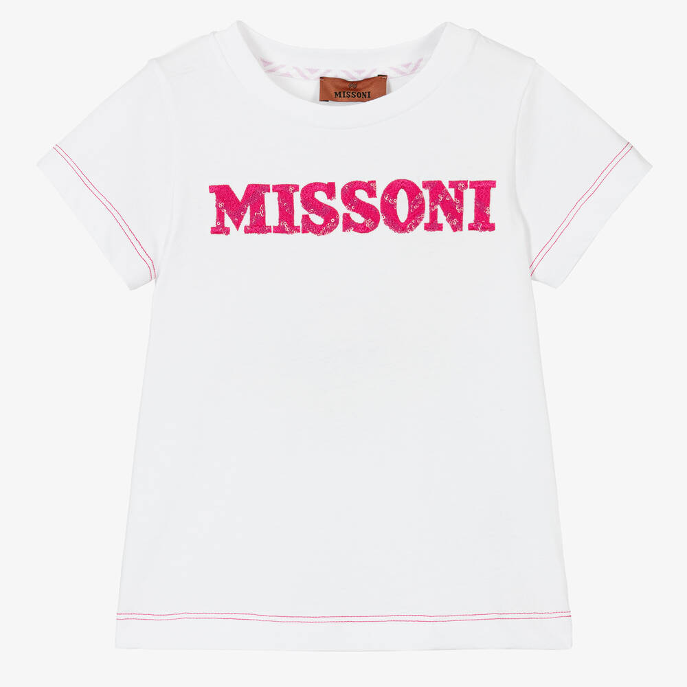Missoni - Girls White Organic Cotton T-Shirt | Childrensalon