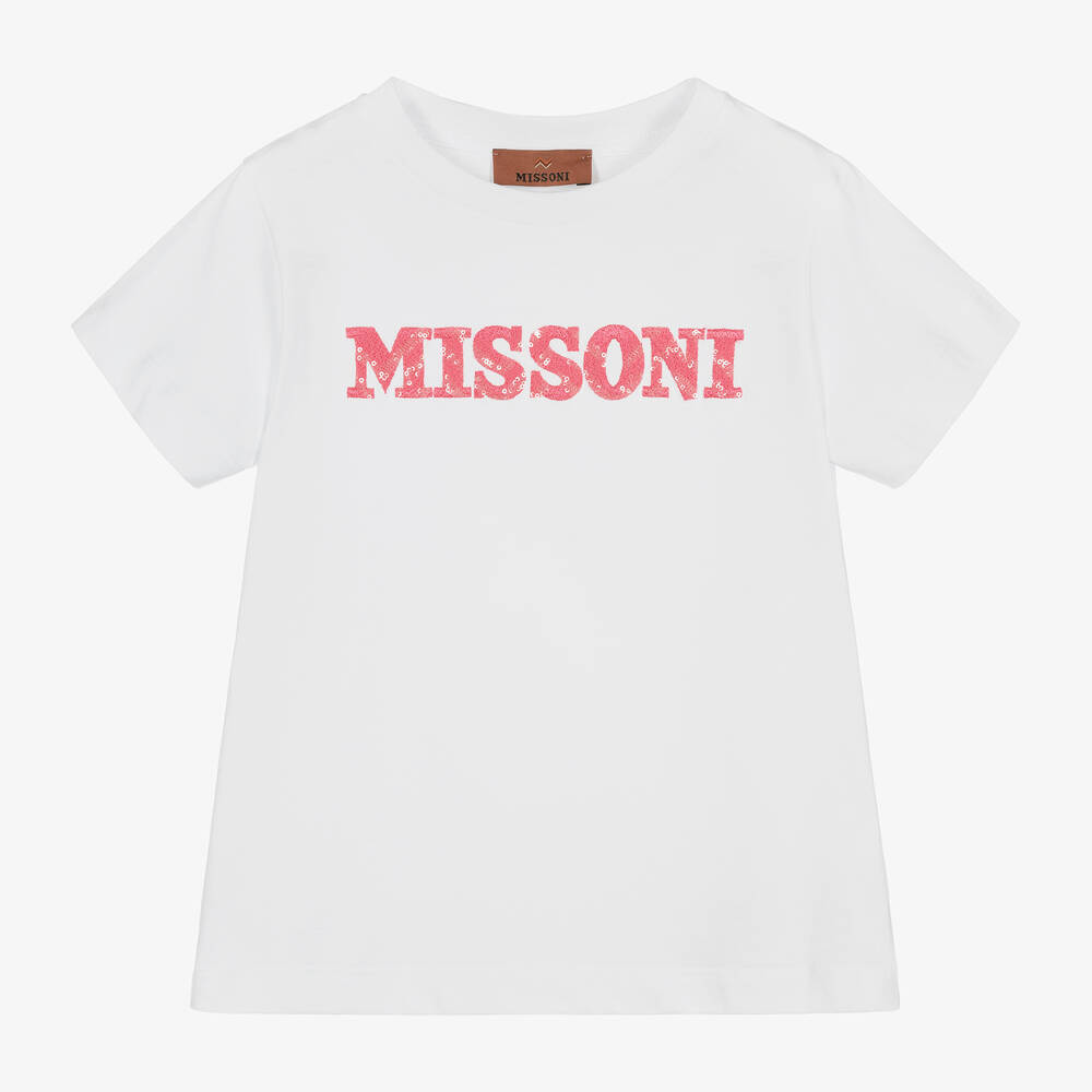 Missoni-Girls White & Pink Cotton T-Shirt | Childrensalon Outlet