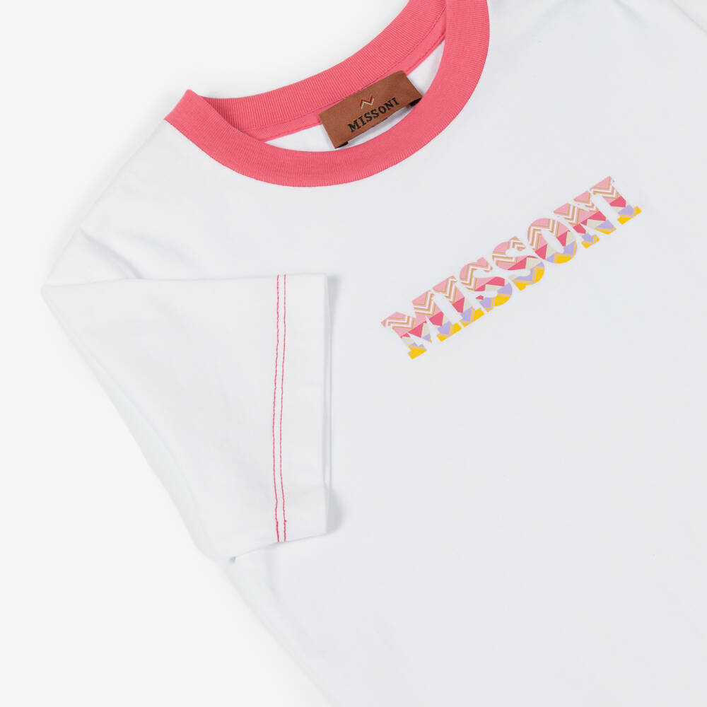 Missoni-Girls White Tee with Pink Trim | Childrensalon Outlet