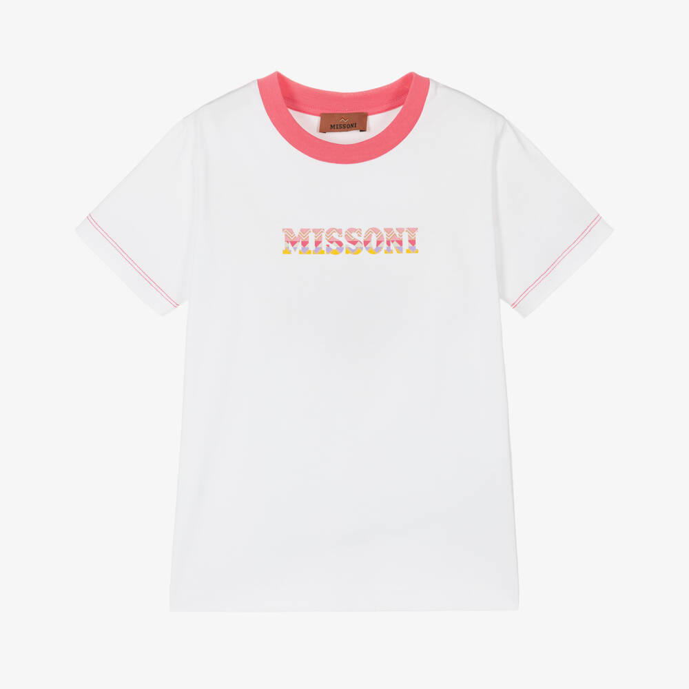 Missoni-Girls White Tee with Pink Trim | Childrensalon Outlet