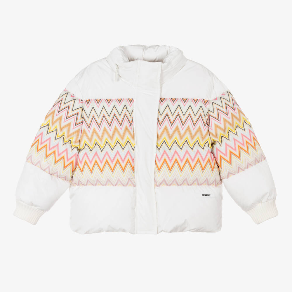 Missoni-Girls White Zigzag Puffer Coat | Childrensalon Outlet