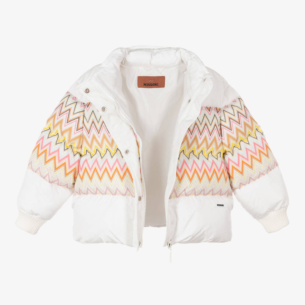 Missoni-Girls White Zigzag Puffer Coat | Childrensalon Outlet