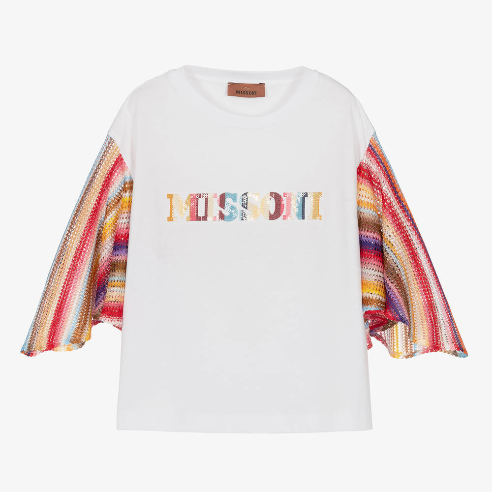 Missoni-Teen Girls White Cotton Stripe Sleeve T-Shirt | Childrensalon Outlet