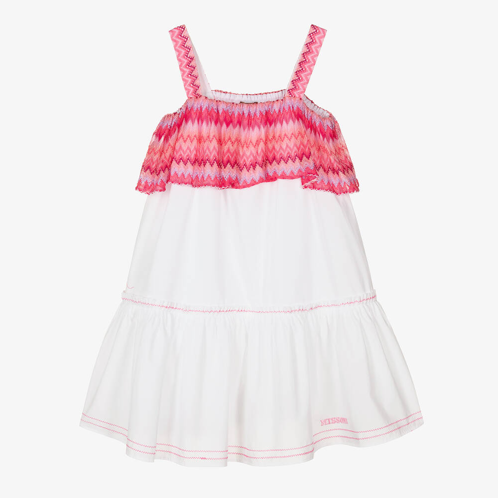 Missoni - فستان تينز بناتي قطن لون أبيض وزهري | Childrensalon