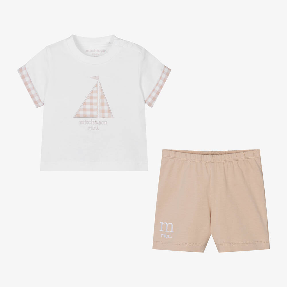 ميتش آند سون-طقم شورت قطن جيرسي لون بيج وأبيض للمواليد | Childrensalon Outlet