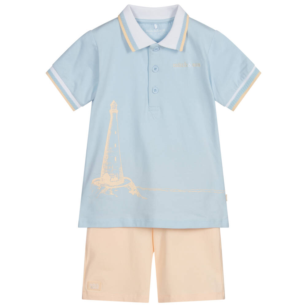 Mitch & Son-Blue & Beige Cotton Shorts Set | Childrensalon Outlet