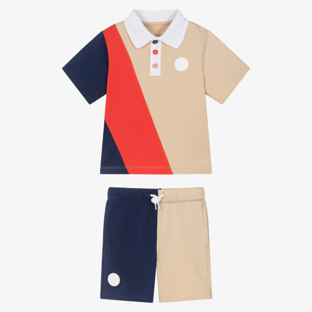 Mitch & Son-Blue, Red & Beige Colourblock Shorts Set | Childrensalon Outlet