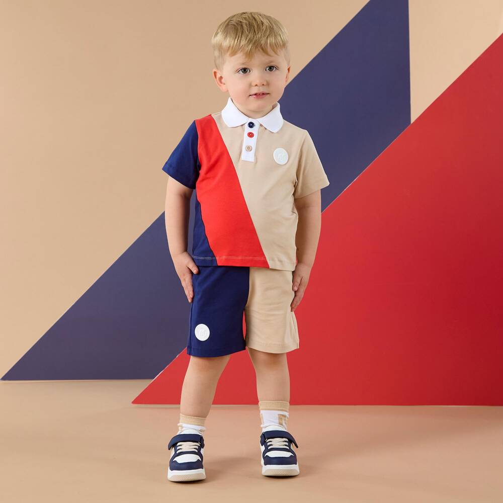 Mitch & Son-Blue, Red & Beige Colourblock Shorts Set | Childrensalon Outlet
