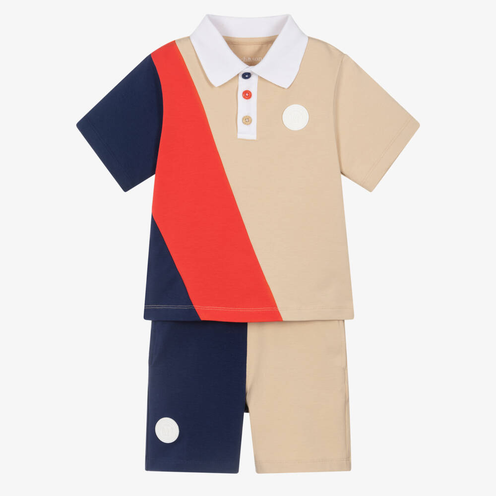 Mitch & Son-Blue, Red & Beige Colourblock Shorts Set | Childrensalon Outlet