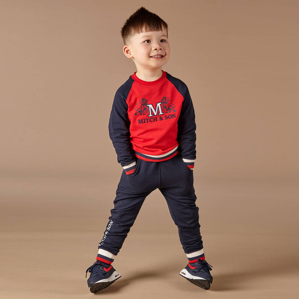 ميتش آند سون-تراكسوت قطن جيرسي لون كحلي وأحمر للأولاد | Childrensalon Outlet