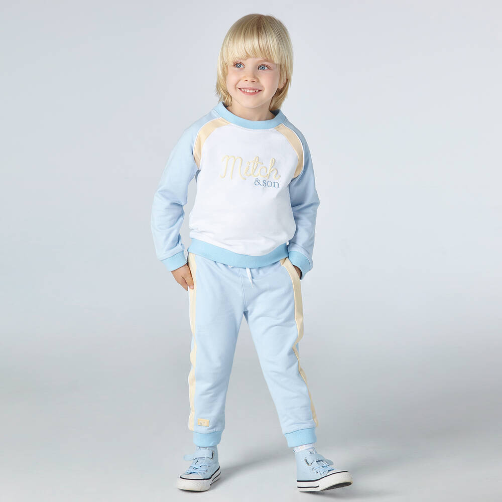 ميتش آند سون-تراكسوت قطن جيرسي لون أزرق وأبيض للأولاد | Childrensalon Outlet