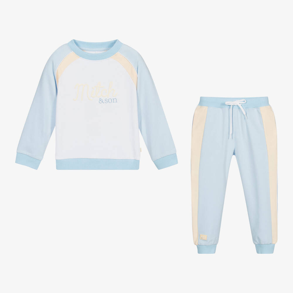 ميتش آند سون-تراكسوت قطن جيرسي لون أزرق وأبيض للأولاد | Childrensalon Outlet
