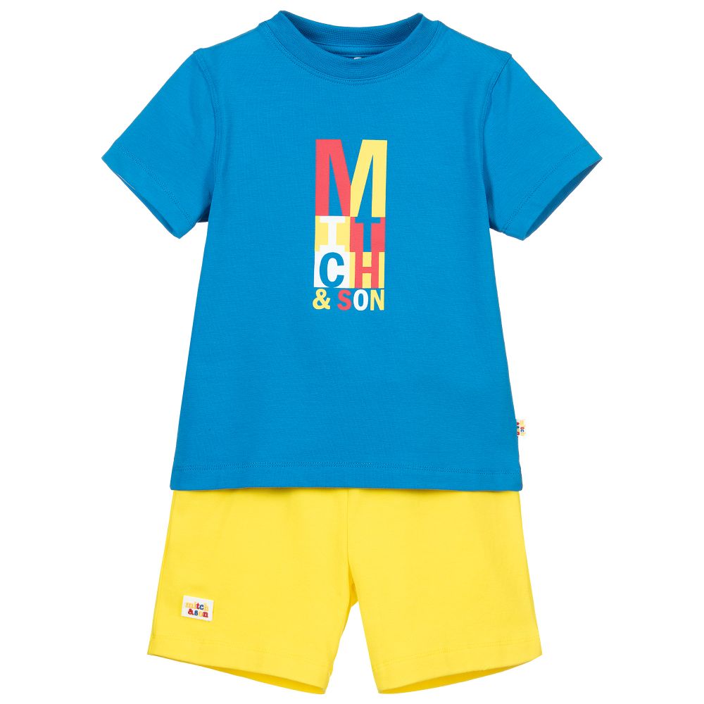 Mitch & Son - طقم شورت وتيشيرت قطن جيرسي لون أزرق وأصفر | Childrensalon