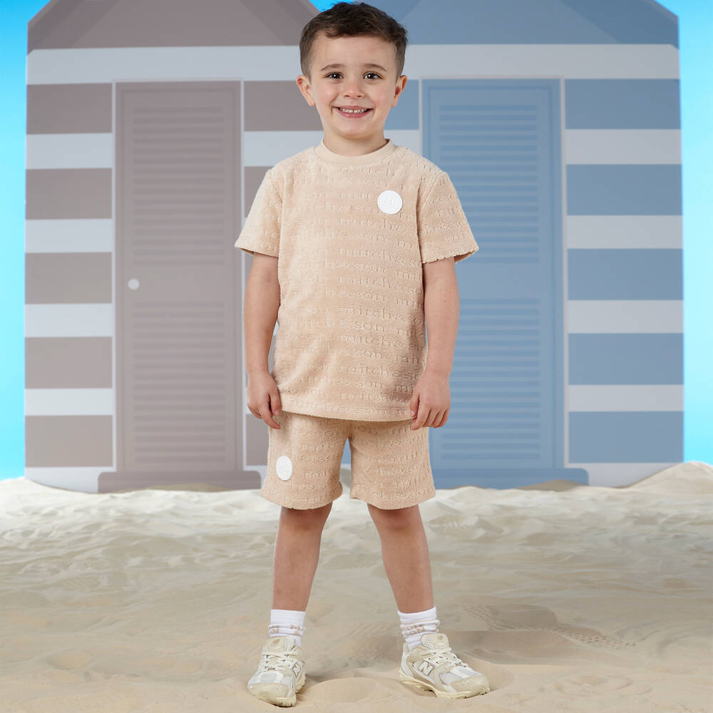 Mitch & Son-Boys Beige Cotton Towelling Shorts Set | Childrensalon Outlet