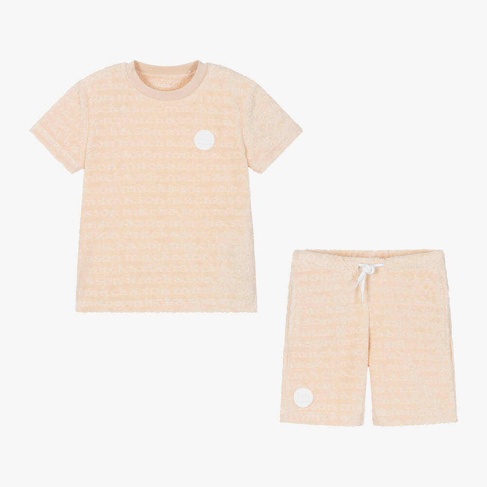 Mitch & Son-Boys Beige Cotton Towelling Shorts Set | Childrensalon Outlet