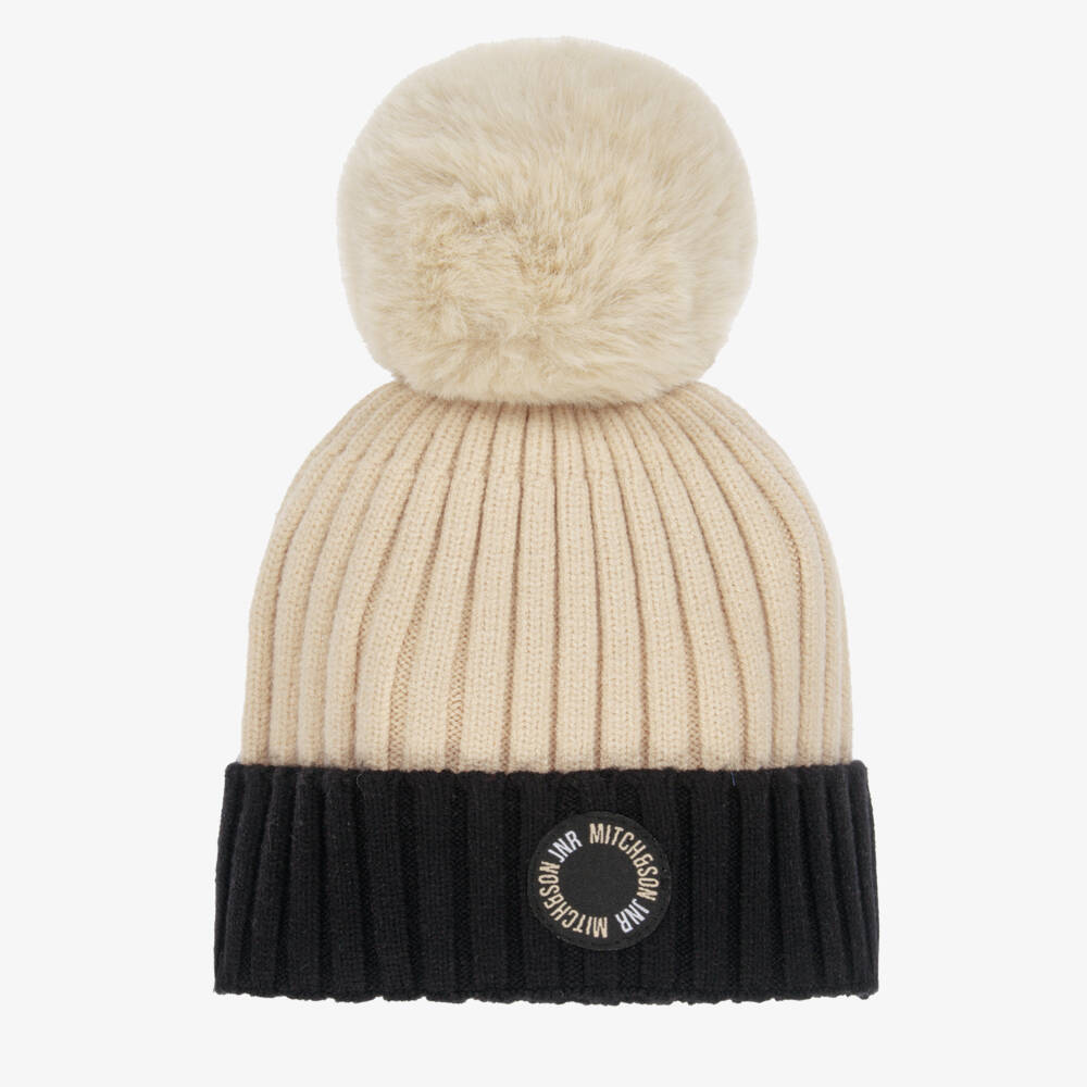 Mitch & Son-Boys Beige Ribbed Knit Hat with Faux Fur Pom-Pom | Childrensalon Outlet